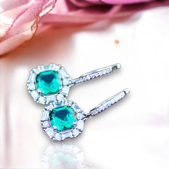 Emerald Earrings Solid Sterling Silver 925 , May Birthstone , 20th anniversary - Picture 3 of 10